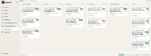 A Kanban board with tasks across six columns.