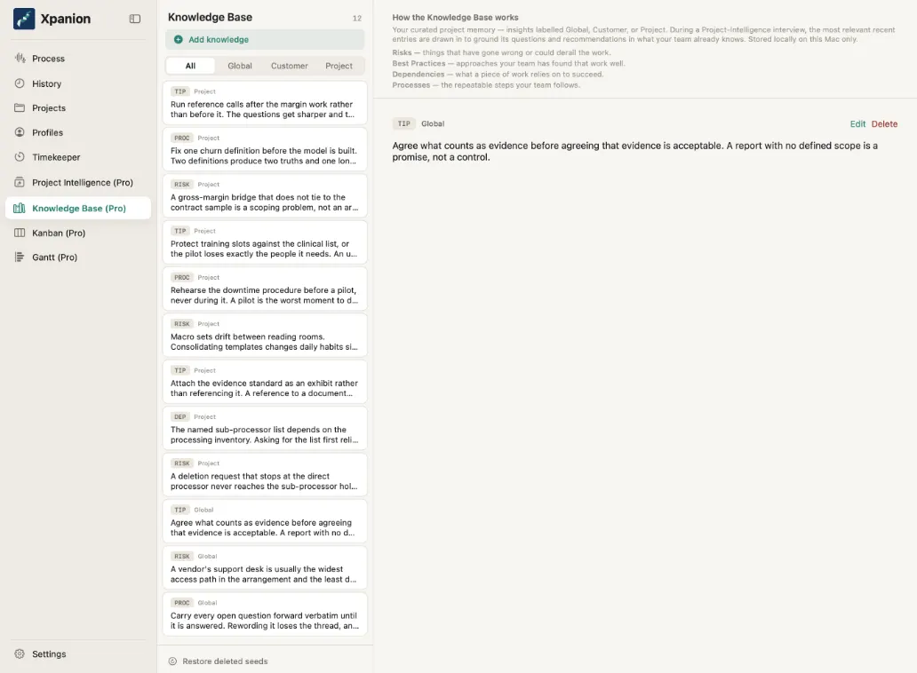 The cross-project knowledge pool, listing risks and lessons that recur.