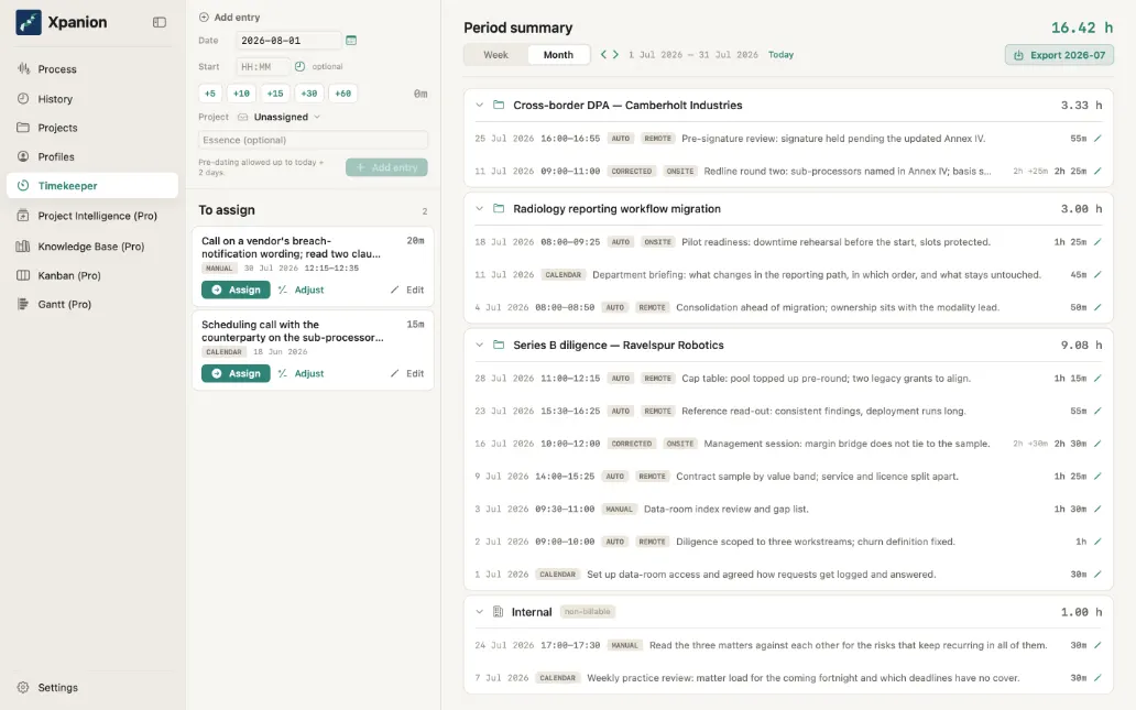 The Timekeeper month view, entries assigned to projects, the month totalled.